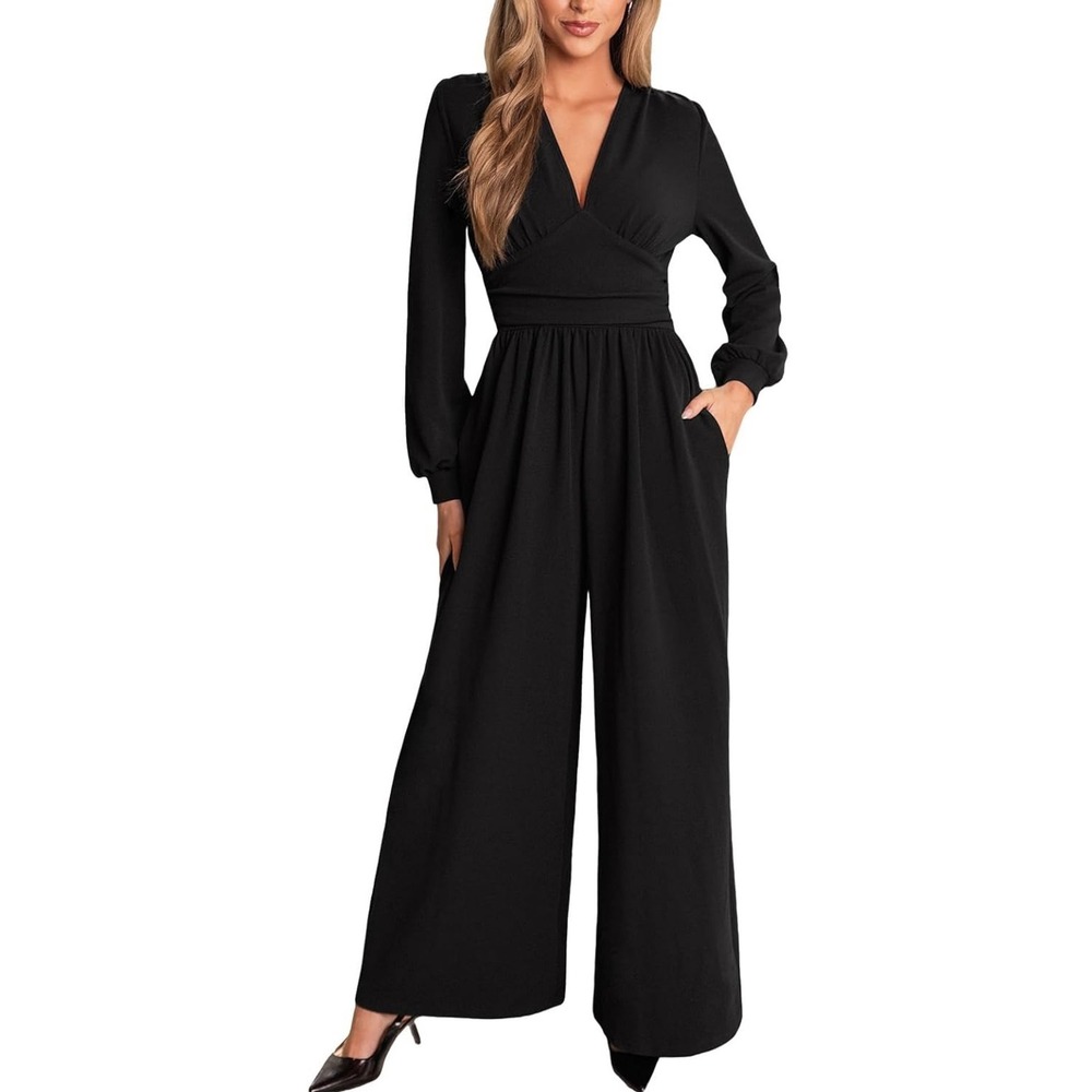CUPSHE Romper V Neck Plunge Long Sleeve Ruching Overalls Wide Leg‎ Jumpsuit NWT